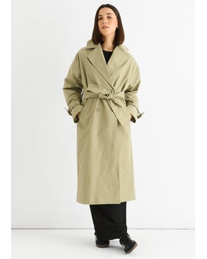 Sage Green Double Breast Longline Belted Trench Coat