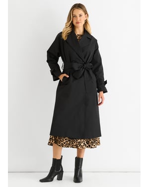 Svart dubbelbröstad långärmad bältad Trench Coat