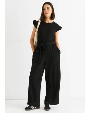 Black Stretch Texture Frill Elasticated Waist Jumpsuit