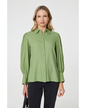 Sage Plain Puff Sleeve Button-Up Shirt