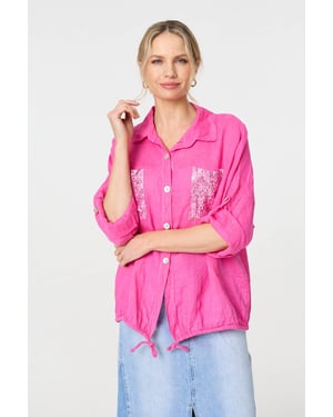 Pink Sequin Detail 3/4 Turn-Up Sleeve Shirt