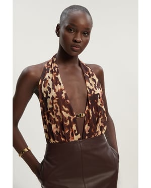 Leopard Print Plunge Halter Neck Trim Detail Mesh Bodysuit