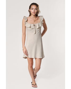 Linen Effect Short Ruffle Neck Dress