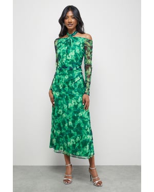 Print Twist Mesh Midi Dress