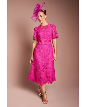 Lace Midi Dress With Bow Belt