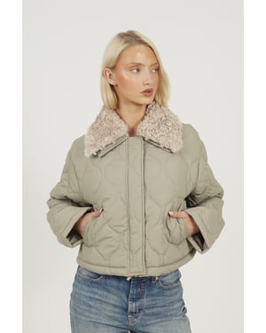 Pale Green Onion Qulited Jacket With Faux Fur Collar