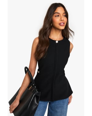 Textured Gold Button Cinched Waist Sleeveless Waistcoat