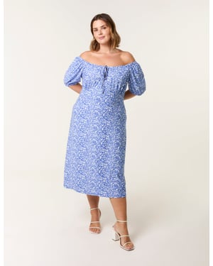 Curve Ditsy Print Milkmaid Stretch Crepe Midi Dress