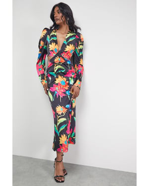 Satin Cut Out Waist Plunge Neck Midi Dress