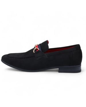 Svarta mockaloafers med guldspänne för män, slip-on och finskor