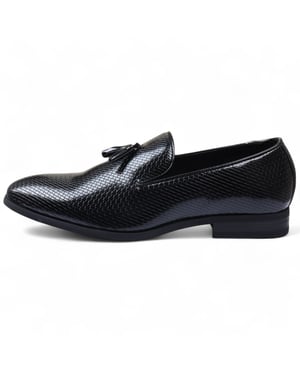 Svarta formella loafers med tofsar för män, slip-on i läder