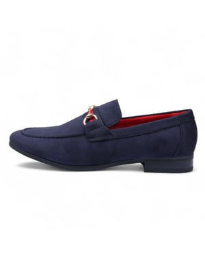 Marinblå mockaloafers med guldfärgat spänne för män, slip-on, finskor