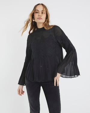 River Island Womens Blouse Black Lace Applique Pleated