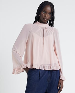River Island Womens Blouse Pink Chiffon Mesh Frill