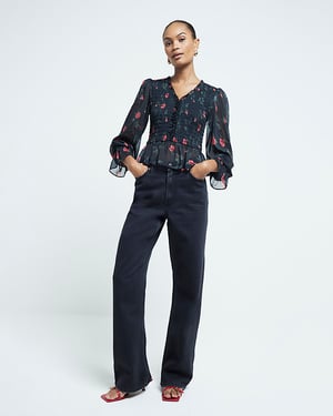 River Island Womens Top Black Floral Printed Shirred