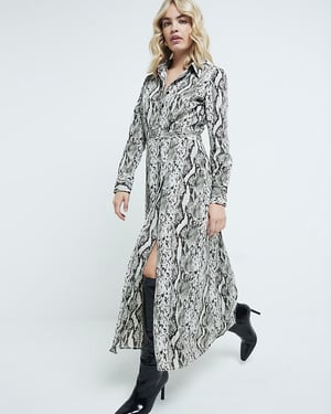 River Island Womens Midi Shirt Dress Grey Long Sleeve Snake Print