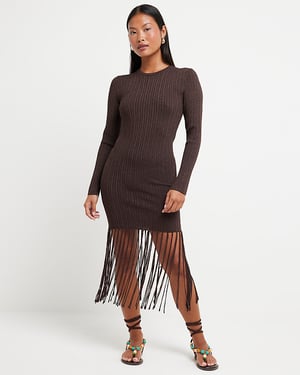 River Island Womens Midi Dress Petite Brown Metallic Fringe