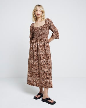 River Island Womens Midi Smock Dress Brown Leopard Print Shirred
