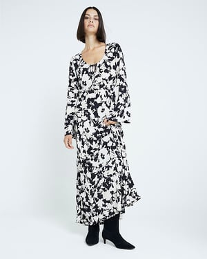 River Island Womens Midi Dress Black Floral Long Sleeve