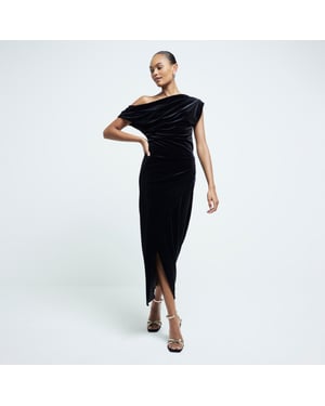 River Island Womens Midi Dress Black Velvet Drape