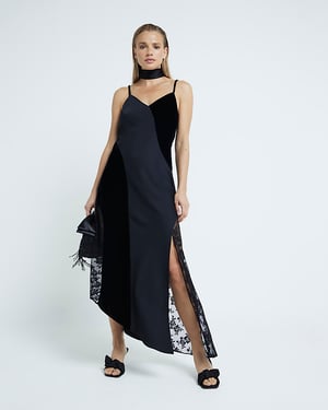 River Island Womens Midi Slip Dress Black Satin Velvet And Lace