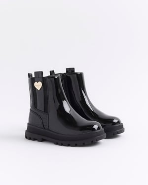 River Island Mini Girls Chelsea Boots Black Patent Stud