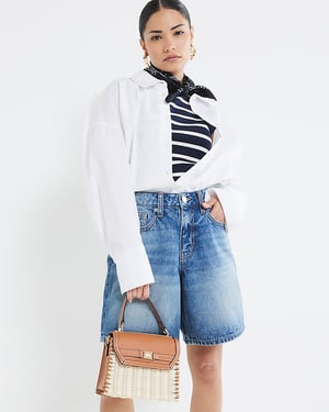 River Island Womens Bermuda Shorts Petite Blue Denim Longline