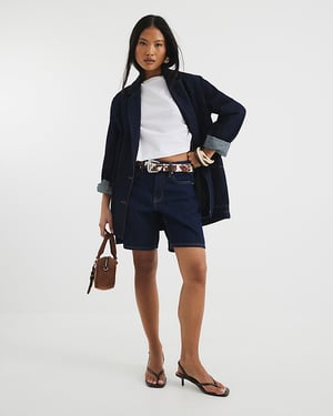 River Island Womens Bermuda Shorts Petite Blue Denim Longline