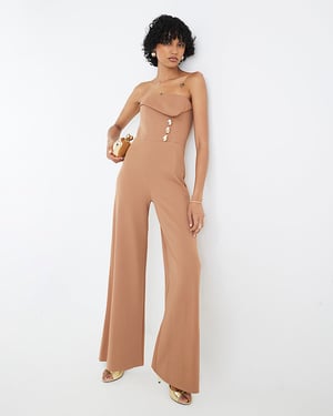 River Island Womens Jumpsuit Beige Sleeveless Bandeau Gold Detail