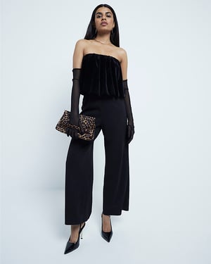 River Island Womens Jumpsuit Petite Black Velvet Bubble Bandeau