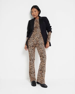 River Island Womens Flare Leggings Petite Brown Leopard Ribbed