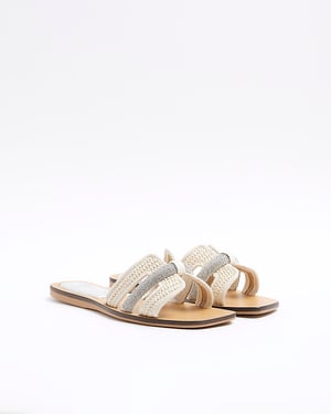River Island Womens Flat Sandals Beige Raffia Diamante