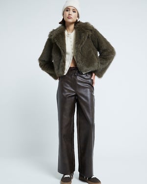 River Island Womens Trousers Brown Faux Leather Tailored Hybrid