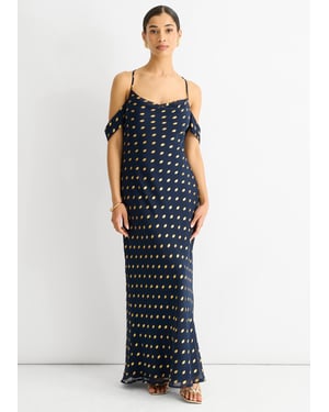 Navy Cowl Neck Drop Sleeves Foil Maxi Dress