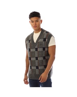Heren Fred Perry Glitch Tartan gebreide tanktop in grijs