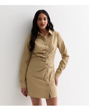 Stone Ruched Asymmetric Button Through Skjortklänning
