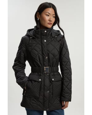 Diamond Quilted Belted Short Padded Coat