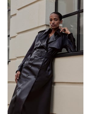 Tailored Faux Leather Belted Trench Coat