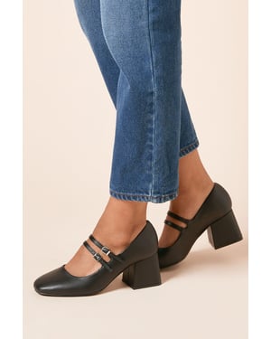 Wide fit Dawn Faux Leather Double Mary Jane Mid  Block Heel Court Shoes