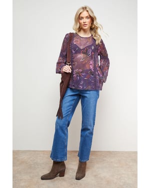 Printed Lace Detail Dobby Chiffon Blouse