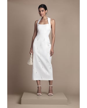 Halter Satin Midi Bridal Dress With Pearl