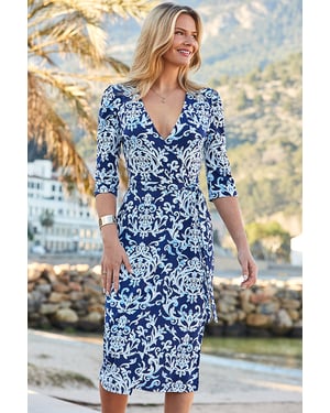 Navy Blue Baroque Print Faux Wrap Dress