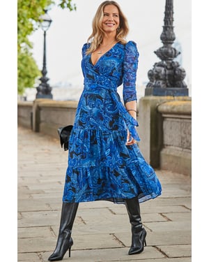 Blue Paisley Print Wrap Midaxi Dress