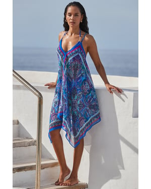 Blue Scarf Print Hanky Hem Beach Dress