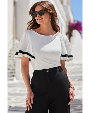 Petite White & Black Contrast Trim Angel Sleeve Top