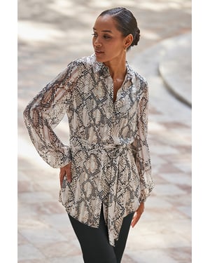 Petite Snake Print Relaxed Fit Belted Longline Shirt