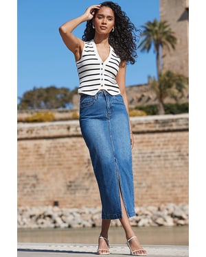 Mid Blue Longline Denim Midi Skirt