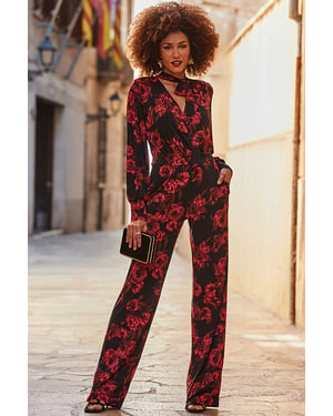 Black & Pink Floral Print Tie Neck Jumpsuit