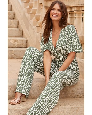 Sage Green & Ivory Geometric Spot Print Belted Jumpsuit