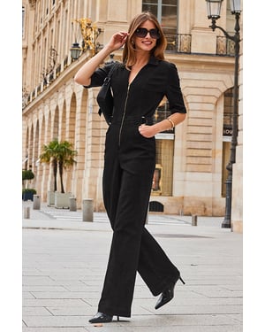 Black Zip Front Wide Leg Denim Jumpsuit